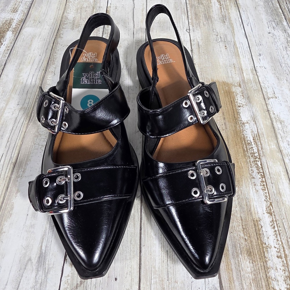Wild Fable Black Pointed Toe Buckle Slingback Flat Grommet Punk Shoes Size 8 NWT - Picture 3 of 10